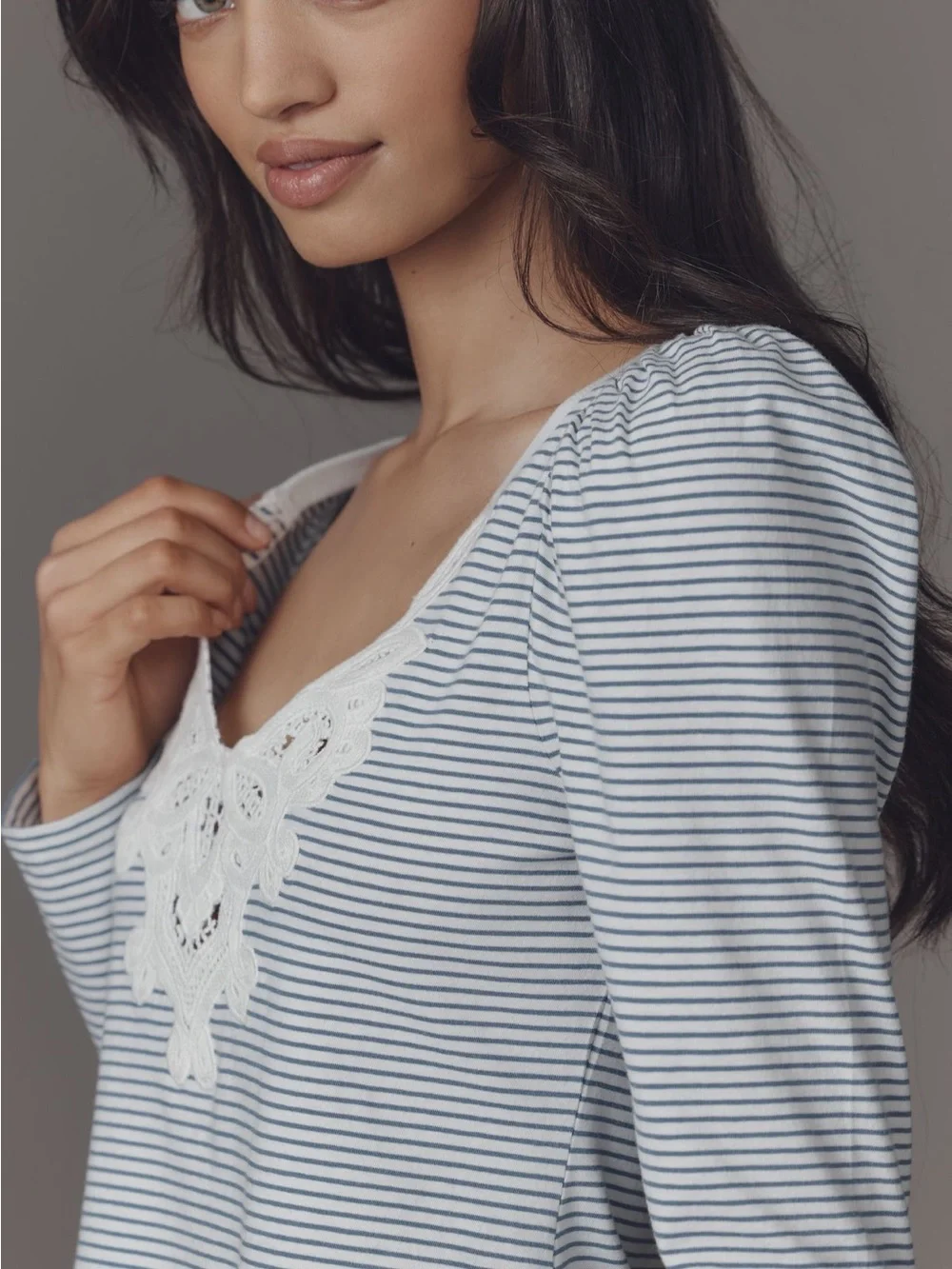 🤍 Anthropologie- Maeve Lace Detail Puff Shoulder Long Sleeve Knit Top